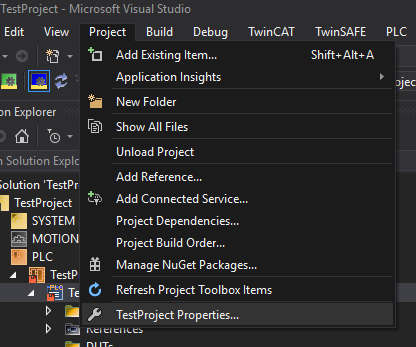 Menu project properties