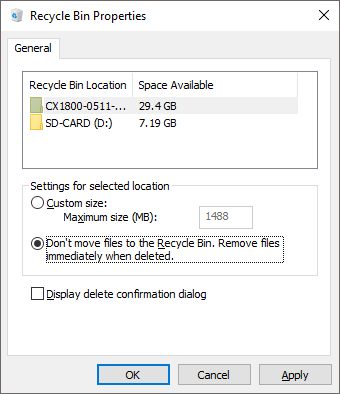 Recycle bin properties